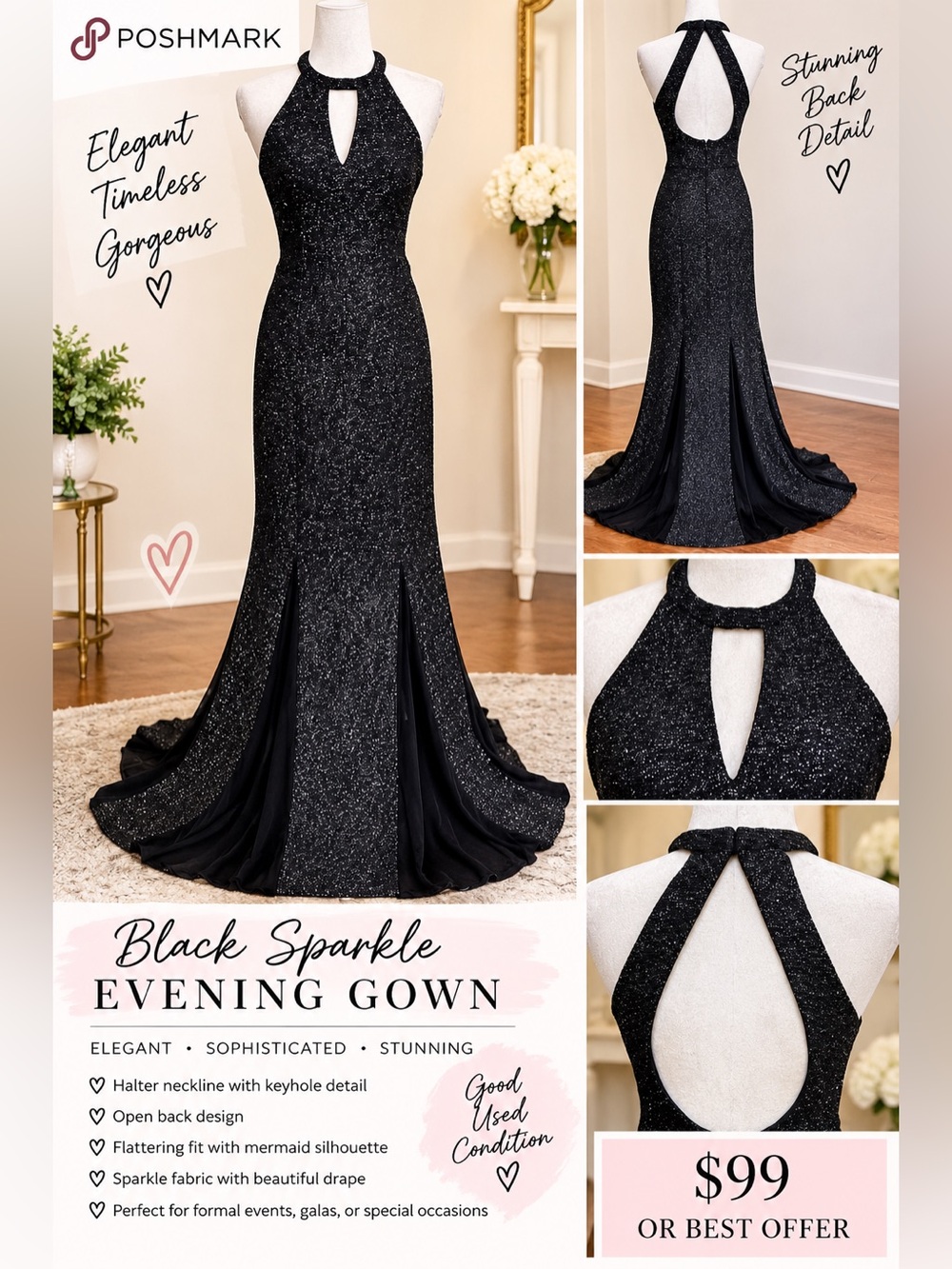 Night Way Collections Black Glitter Halter Gown GUC size 6; worn once